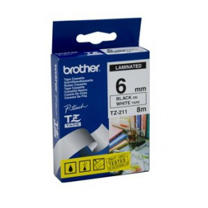 Brother TZ-211 Laminated Black Printing on White Tape (6mm Width 8 Metres in Length) LSW-TZ-211