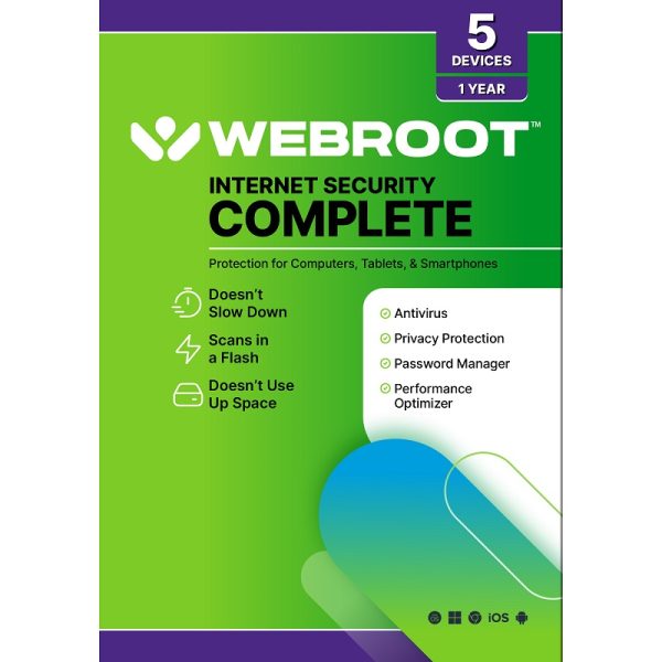 Webroot Secure Anywhere Internet Security Complete 25G Storage 5 devices / 1 year Lic Key CW2-1000062937